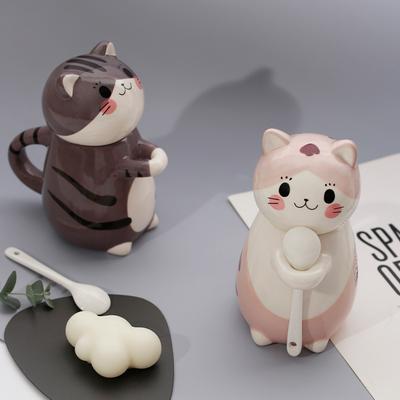 Caneca de cerâmica de gato fofo de 300 ml com colher e tampa criativa pintada à mão xícaras de café com leite e chá presentes de novidade
