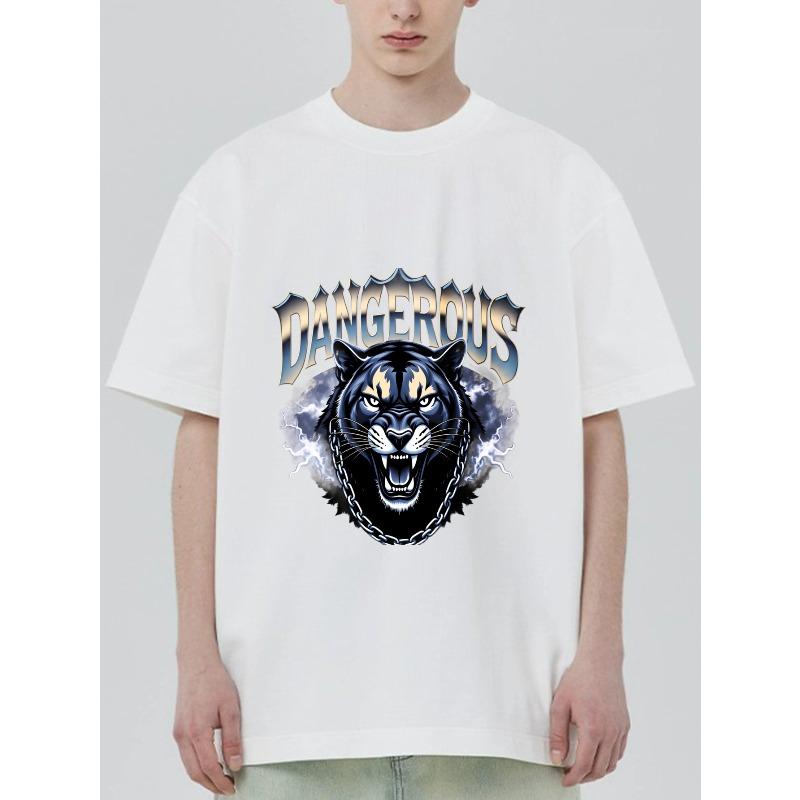 Schwarzes T-Shirt Mit Panther Und Gefährlicher Textgrafik Für Freizeitkleidung