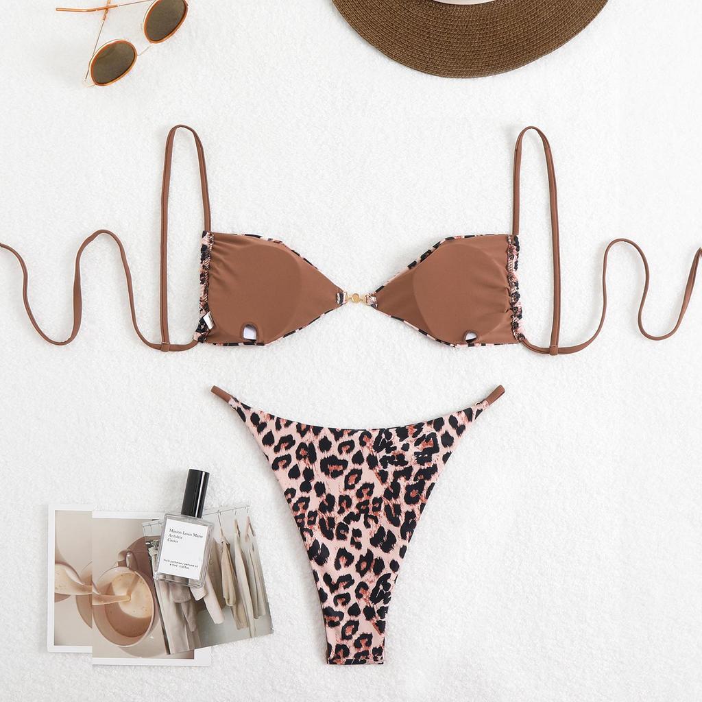 Europäischer & Amerikanischer Leopardendruck Schnür-Bikini: 3-teiliger Badeanzug für Damen