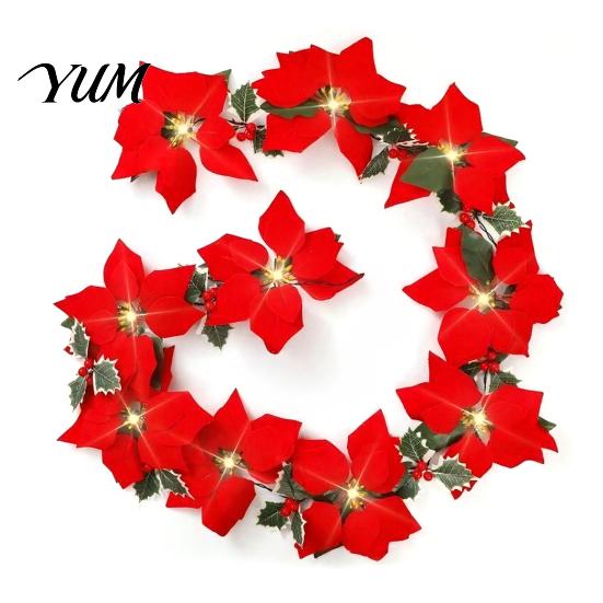 Warm White LED Winter Wreath Christmas Poinsettia Garland with Light, 78/118 Inch Lighted Artificial Flower Seasonal Decorative String Light