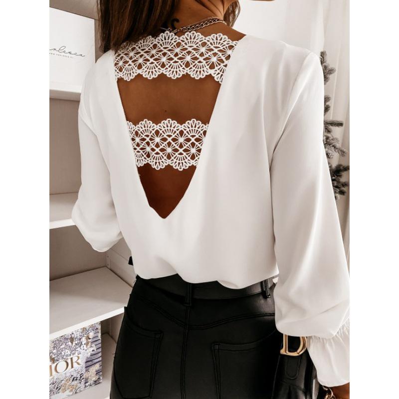 

2023 Spring Long Sleeve V-Neck Lace Back Blouse Double Extra Large білий