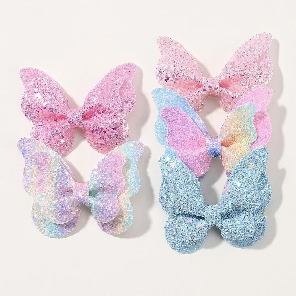 2/4/5Pcs Girls Cute Sequins Double Butterfly Hair Clip Bow Hairpins DIY Headwear Bow Decor Hairgrip Toddler Hair Accessories