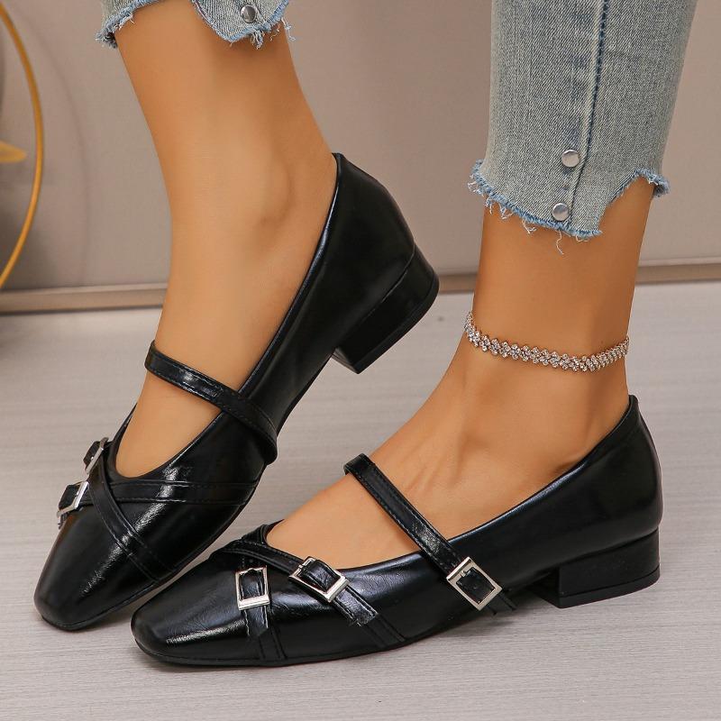 Spring and Autumn New Fashion High Heels Square Head Thick Heel Shallow Mouth One-word Buckle Casual Large Size Single Shoes Women