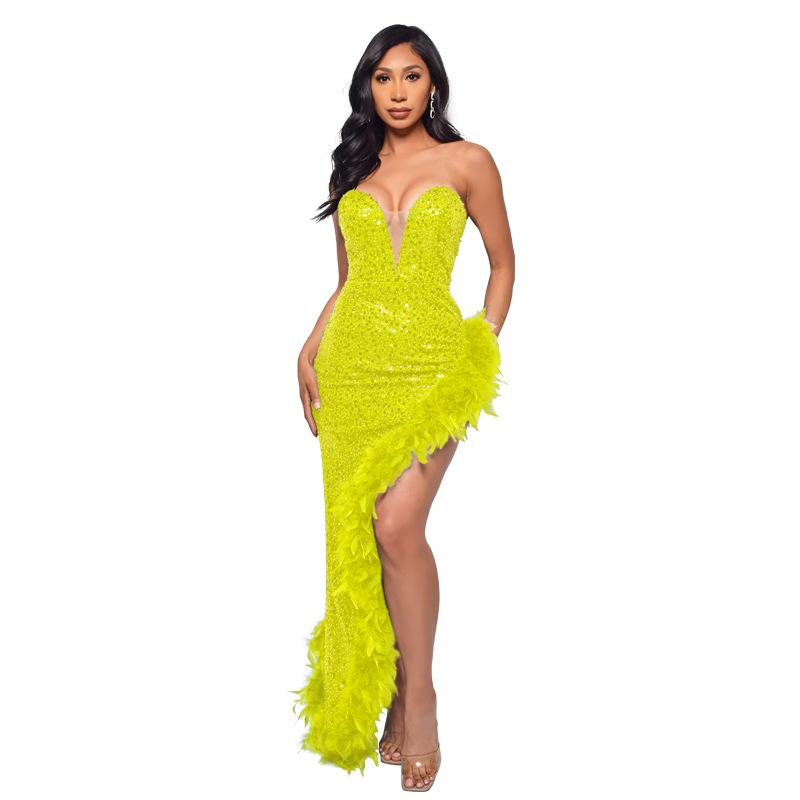 Women's Dress Long Haute Couture Strapless Backless Sequin Dress Feather Patchwork Gown