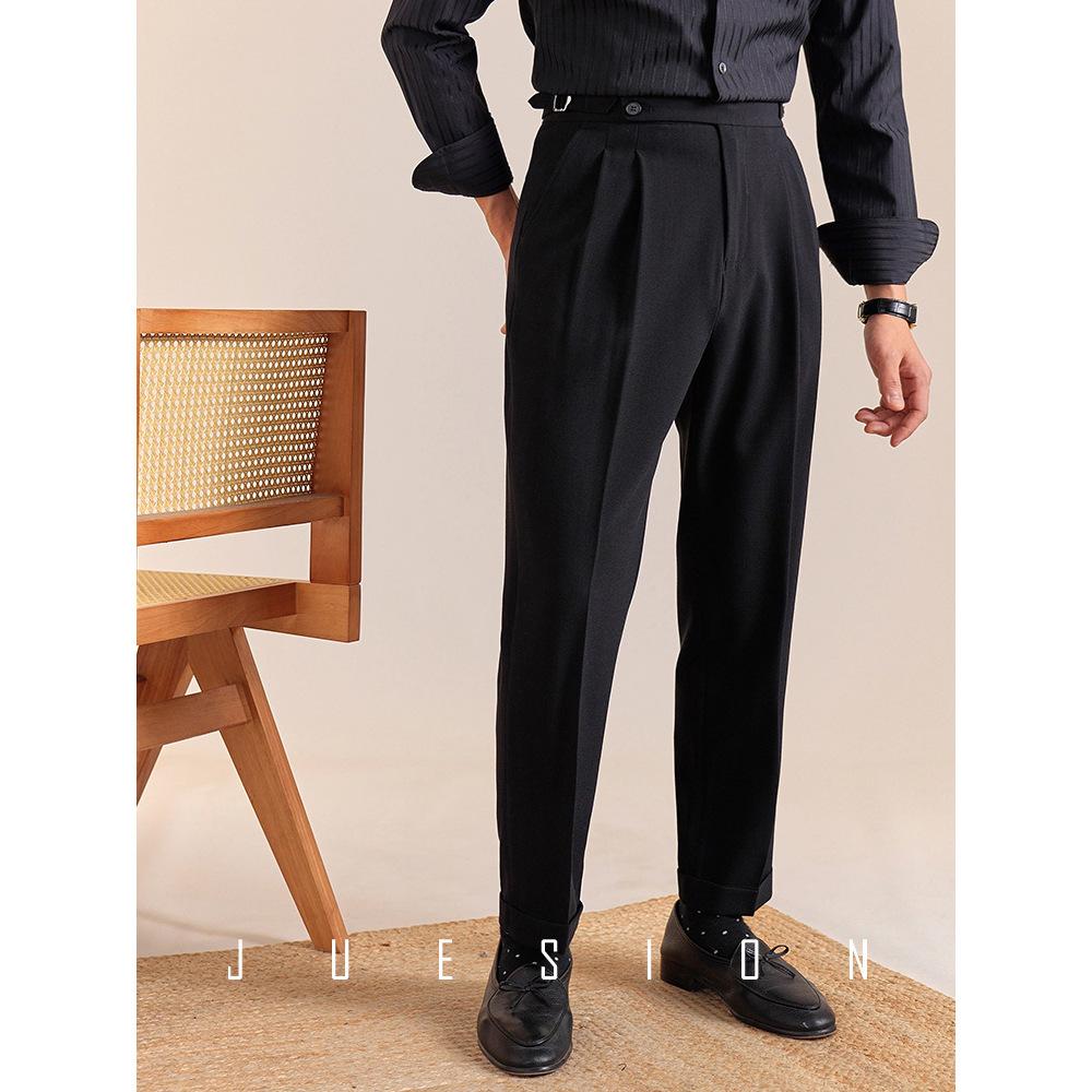 Lässige High-Waist-Hose Herren Frühling und Herbst Neapel Business Faltenhose Gentleman Unifarben Paris-Knopf Gerade geschnittene Hose