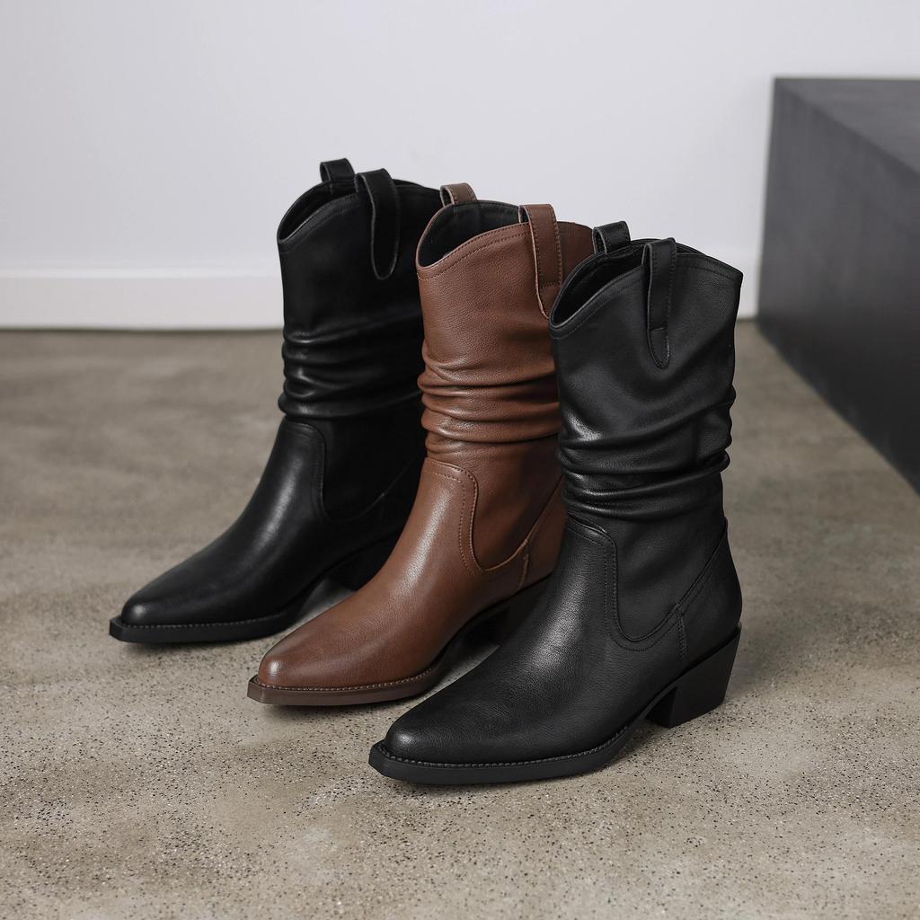 Krazing Pot Genuine Leather Autumn Winter Shoes Med Heels Size 41 Western Boots Pointed Toe Slip on Ankle Boots