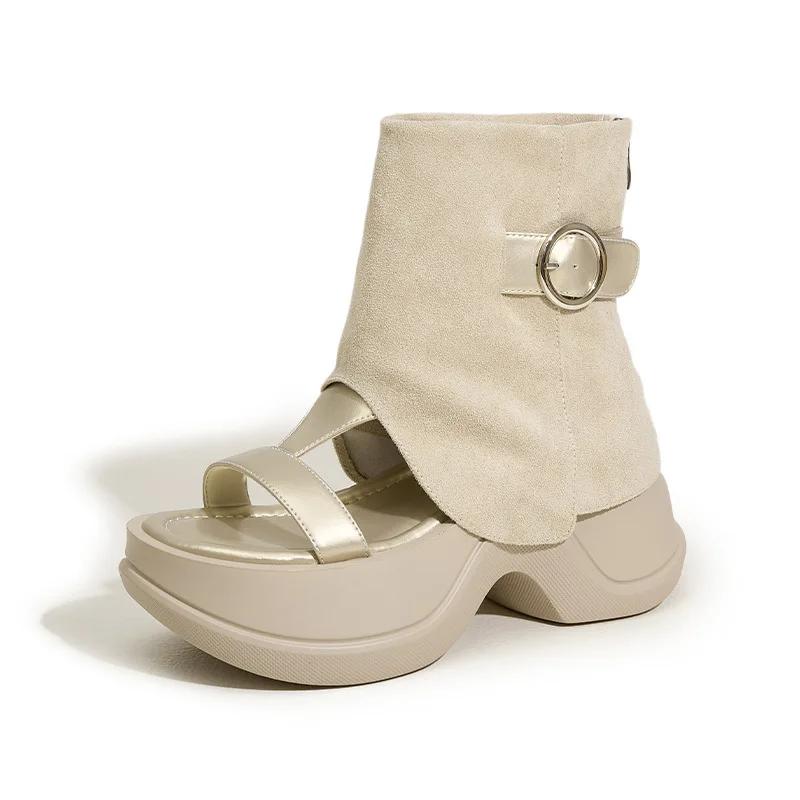 Fashion High Quality 8CM Ethnic Microfiber Leather Mary Jane Ankle Booties Sandals Women Platform Wedge Hollow Zip Peep Toe Shoes Summer