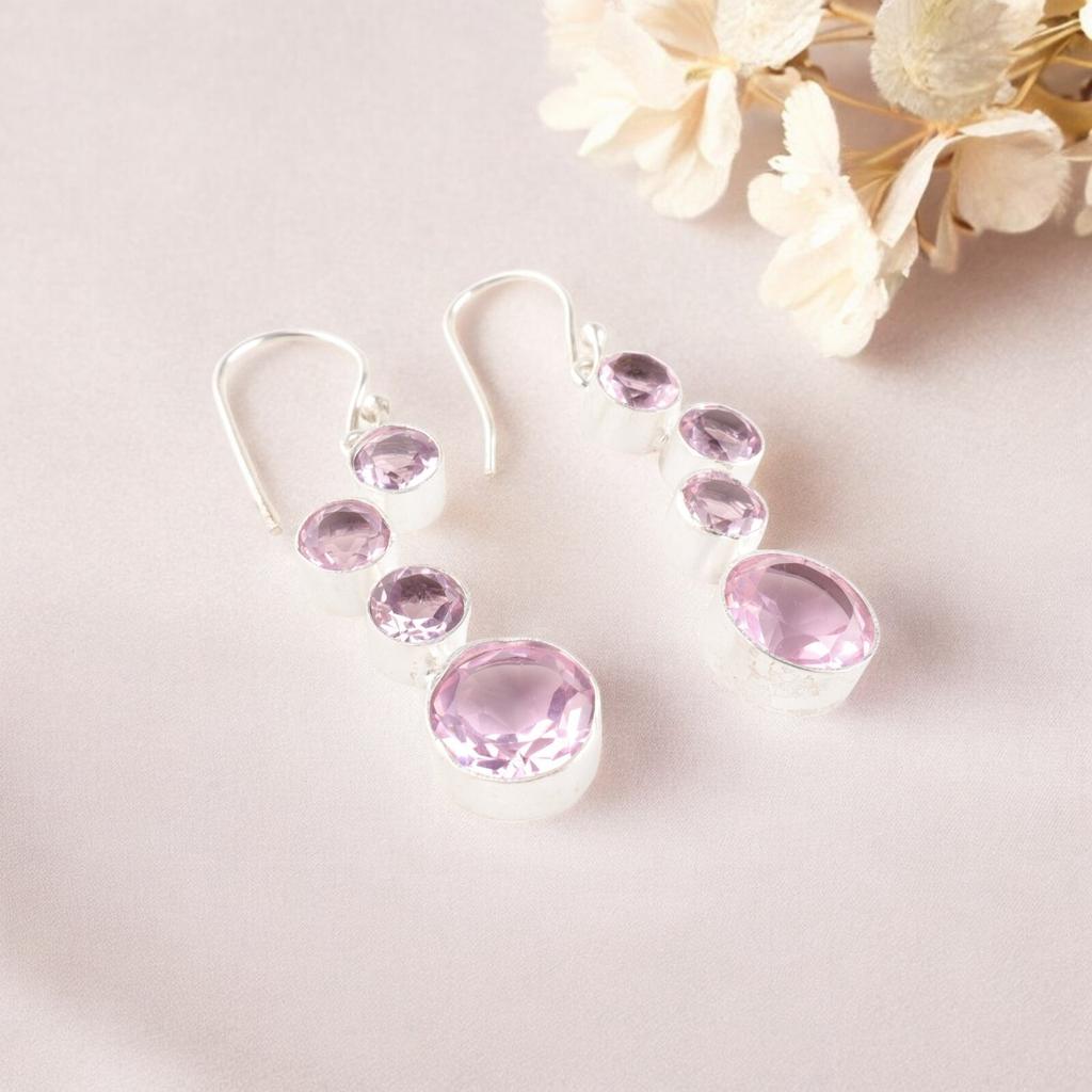 Natürliche Morganit Edelstein Ohrringe 925 Sterlingsilber Handgefertigter Schmuck Zum Geschenk EE-161-13