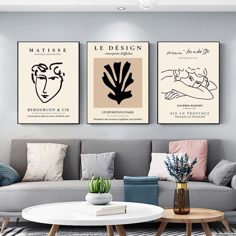 Bohemian Abstract Matisse Beige White Line Wall Art Poster Minimalist Canvas Paintings Print Picture for Living Room Interior Home