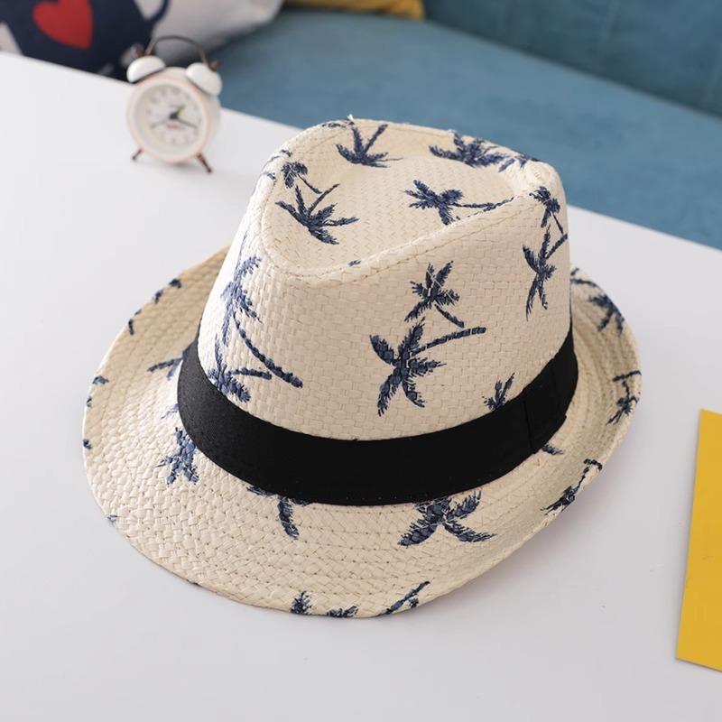 Top Hat Men's Brimmed Straw Hat Jazz Hat Summer Straw Shade Coconut Tree Printed Beach Sunscreen Hat