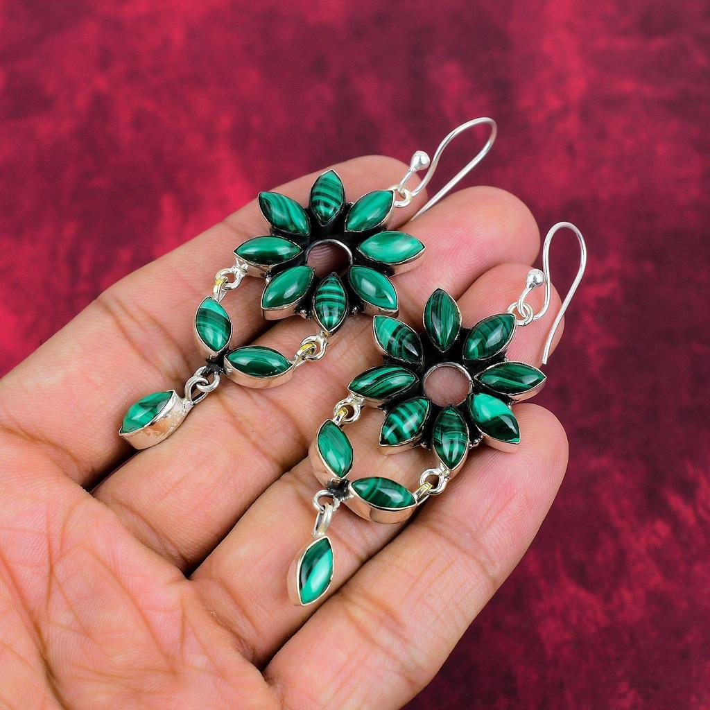 Brincos de Malaquita, Joias de Prata de Lei 925, Presente Para Mulheres Brincos Feitos à Mão Joias de Pedras Preciosas