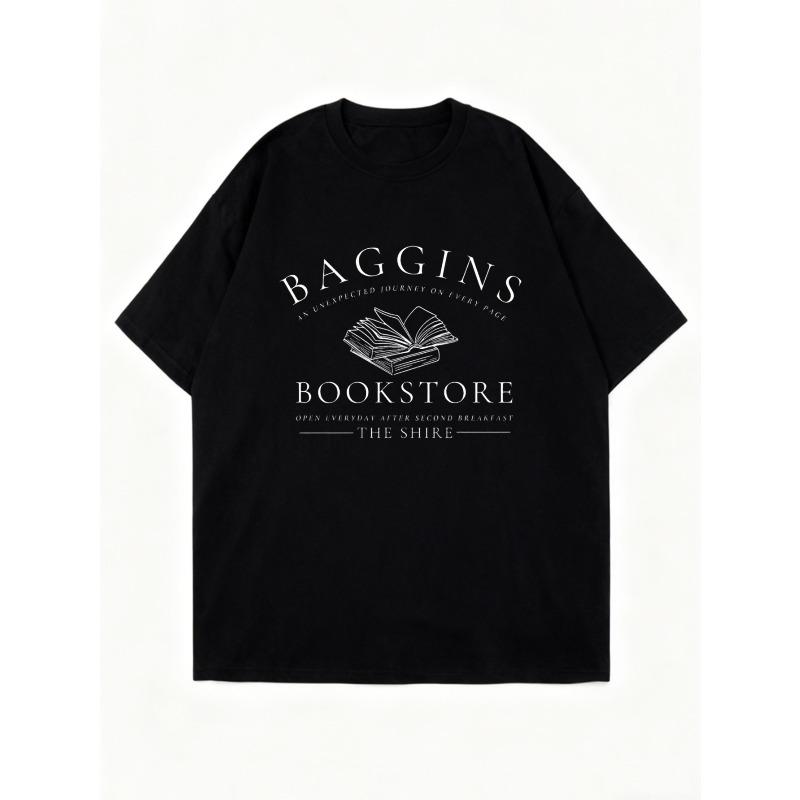 Übergroßes T-Shirt Schwarz Baggins Bookstore Print Mit Offenem Buch Und Textdesign Für Freizeitkleidung Und Fanbekleidung