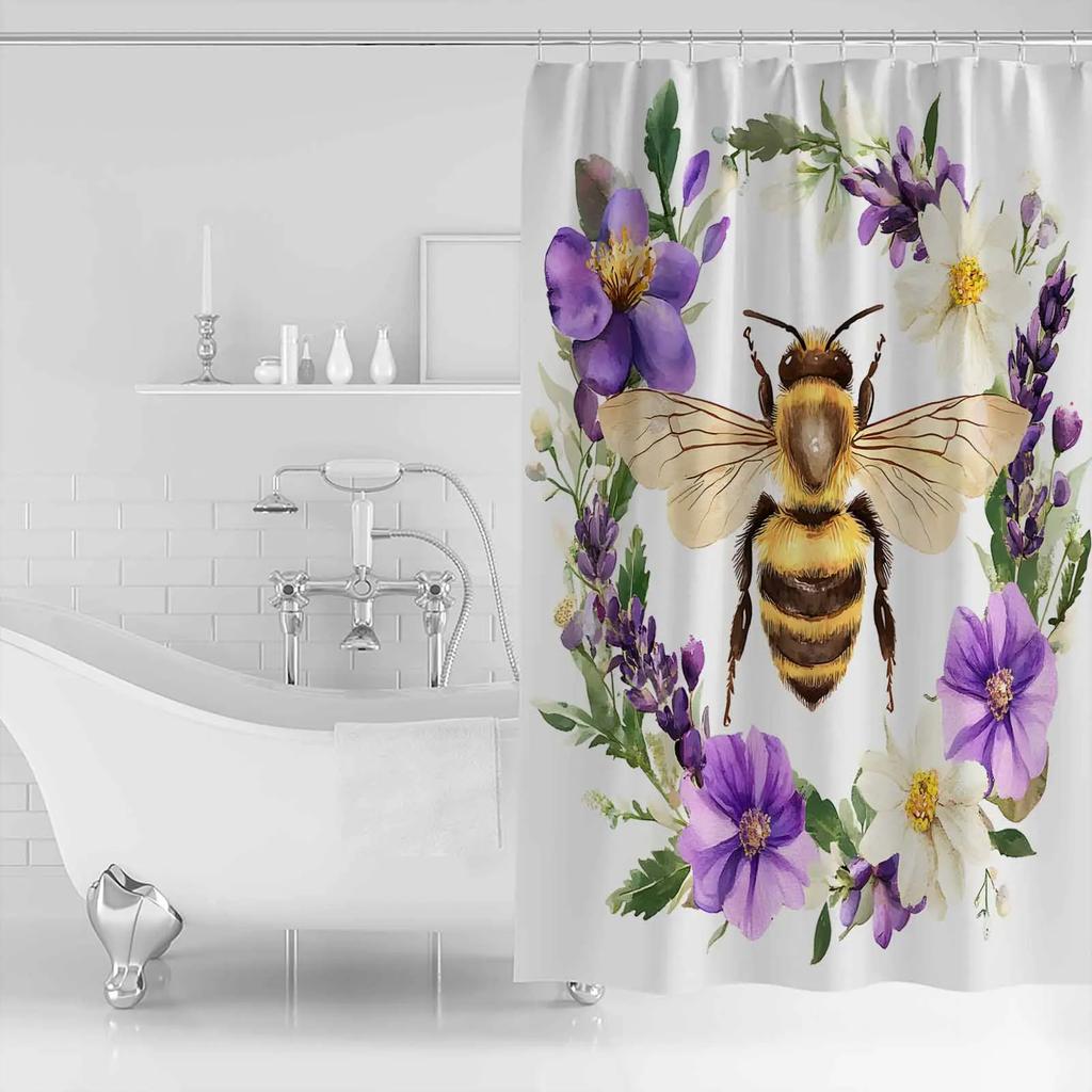 Retro Wreath Flower Bee Shower Curtains Waterproof Bath Curtains Home Decor Modern Luxury Bathroom Curtain