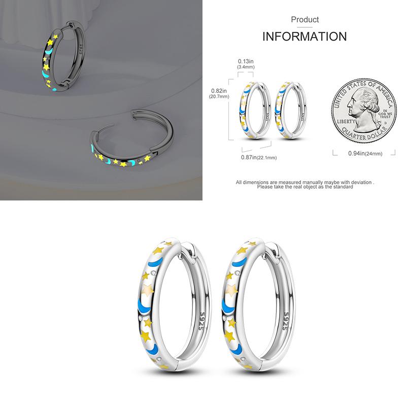 Sparkling Blue Zircon Hoop Earrings Pave U Shape Star Devil Eyes Circle S925 Drop Earring Fit Original Party Jewelry