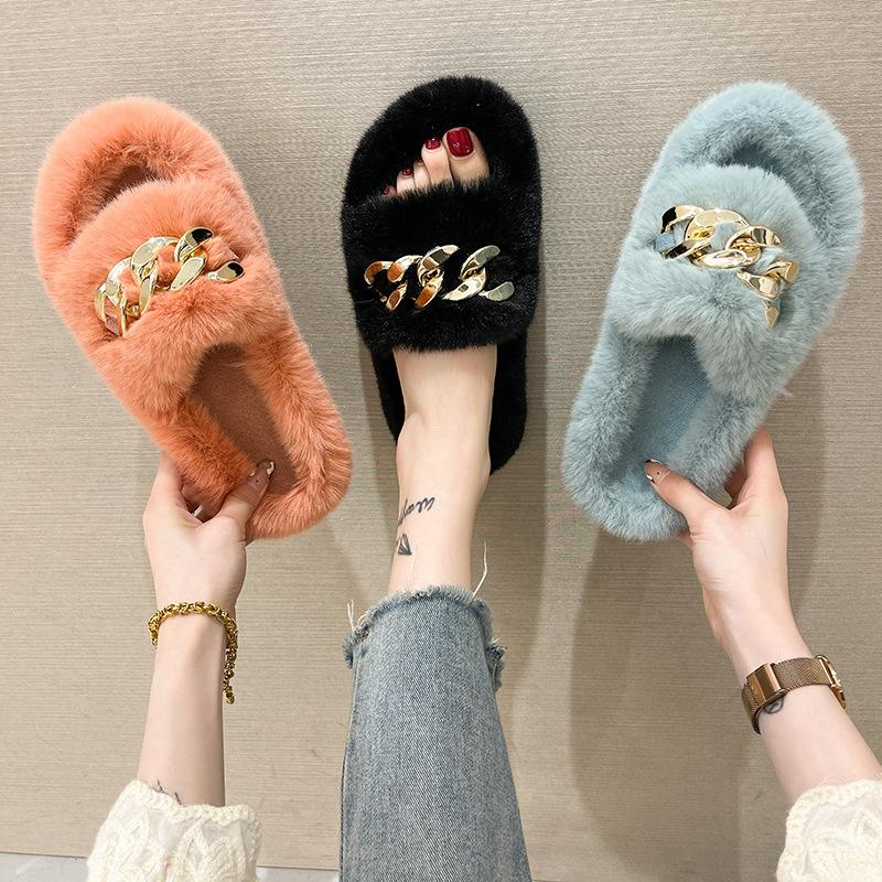 Internet celebrity fairy fluffy slippers female outer wear thick bottom heightening non-slip autumn and winter ins home chain plush slippers