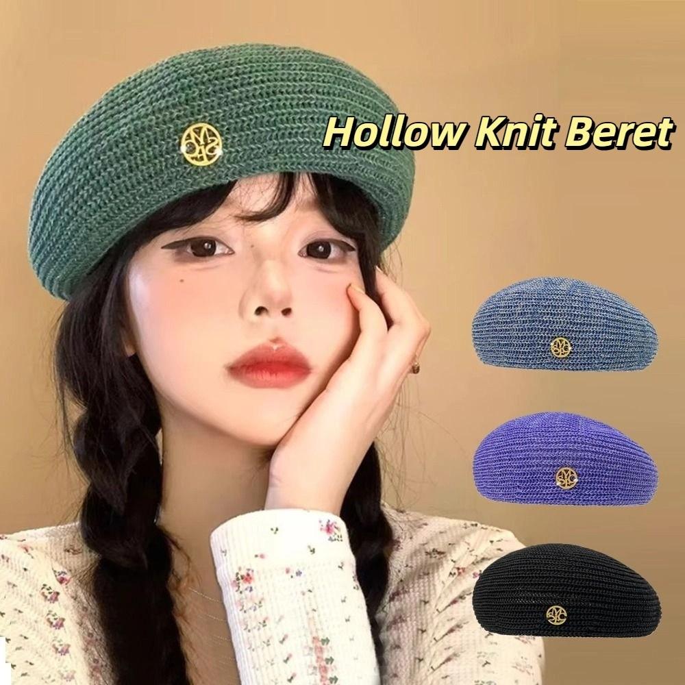Korean Painter Berets Thin Beanie Cap Vintage Hollow Knitted Beret  Summer and Autumn