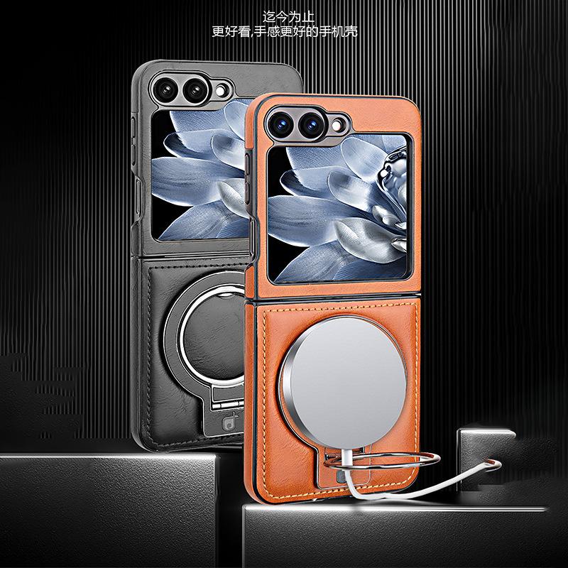 Folding Magnetic Suction Bracket Is Suitable for Samsung ZFlip5 Mobile Phone Case Business Zflip6 Anti-drop All-inclusive 3/4 Generation 5 Leather Ca