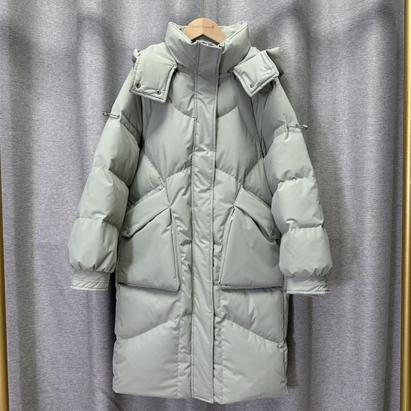 Damen Winter Herbst Kapuzenjacke Weiße Entendaunenjacke Mantel Locker Lang Einfarbig Große Tasche Abnehmbarer Hut Daunenmantel