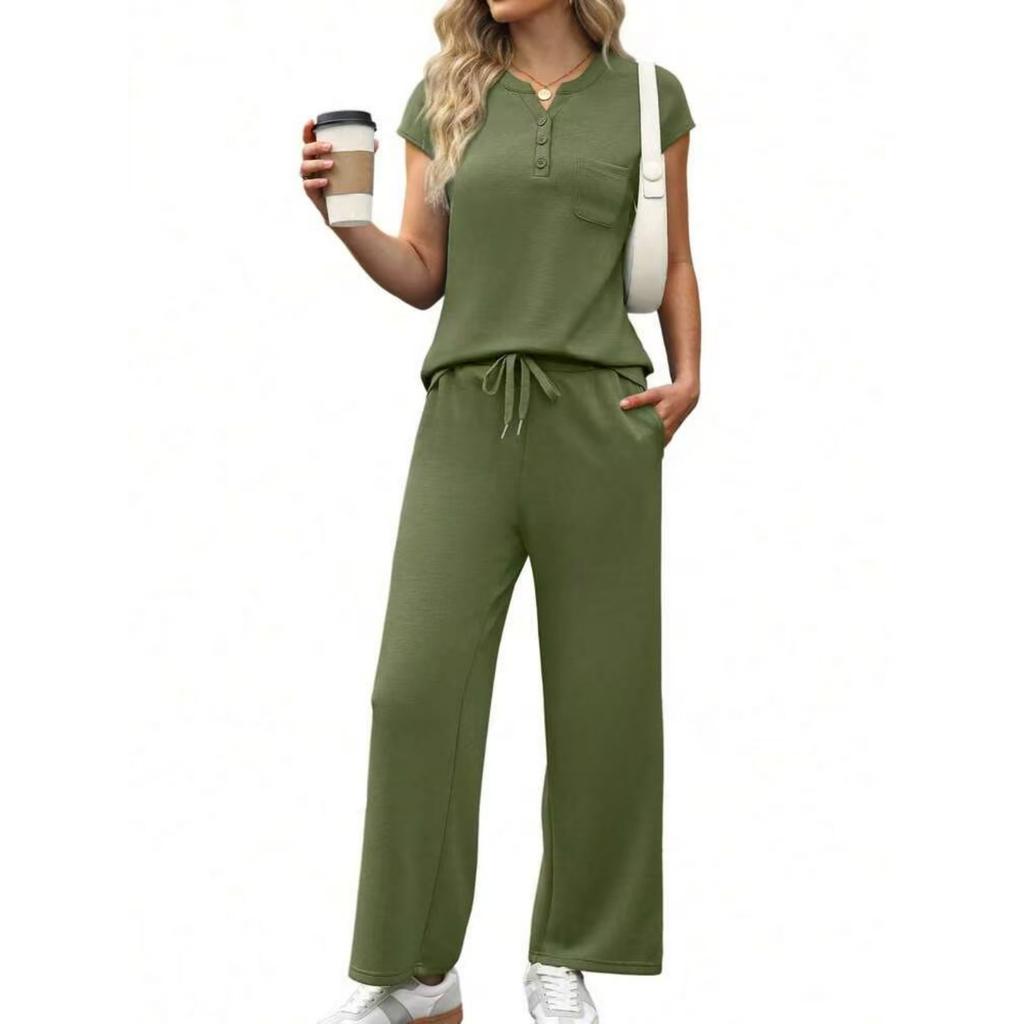 Fashion Women's Spring And Summer Short Sleeved V-neck Top Loose Wide Leg Pants Set