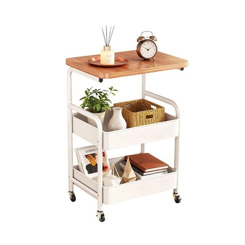 Rolling Storage Cart Multi-Tier Kitchen Organizer Shelf with Wooden Top and Wheels for Bathroom Living Room