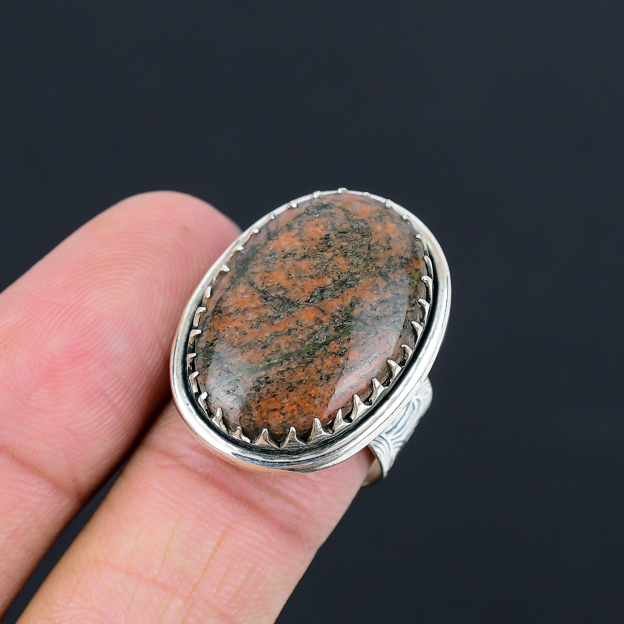 925 Silver Unakite Stone Statement Stackable Heart Chakra Ring Jewelry US 8.5 8.5