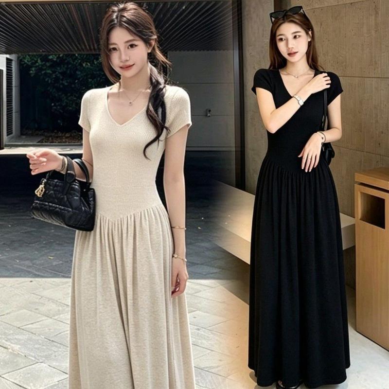 Mm [core-spun Yarn] Niche French Retro Hepburn Style Summer Women's Waist and Thin Short-sleeved V-neck Dress