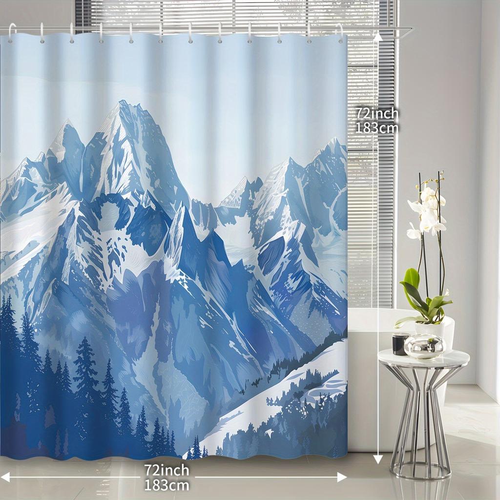 1pc modern abstract snow mountain range pine forest winter snowy scenery shower curtain, decorative printed bath curtain