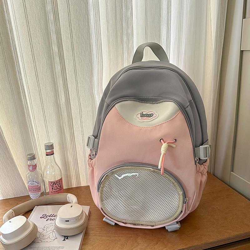 Blocked Color Backpack With Transparent Compartments And Plush Pendant Dog