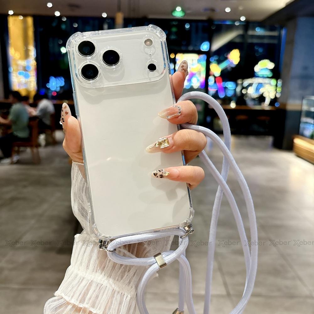 Shockproof Clear Soft Bumper Case For For Iphone 17 16 1 14 Pro Max Plus Crossbody Lanyard Necklace Strap Cord Nylon Rope Cover