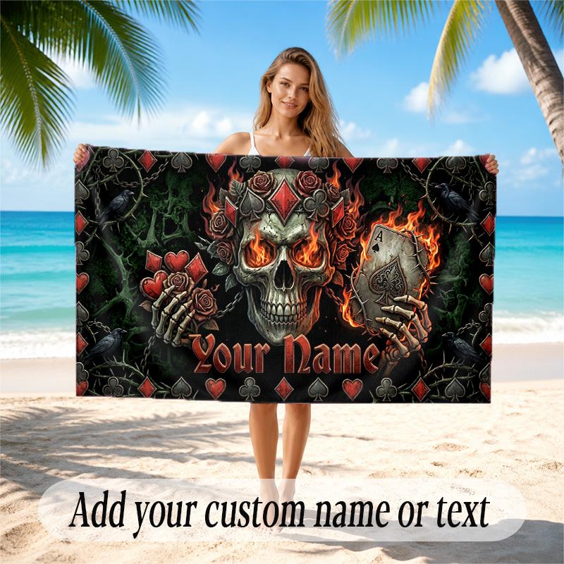 Skull Gothic Theme Quick Dry Beach Towel Custom Name Text Print Large Sand Resistant Towel Beach Vacation