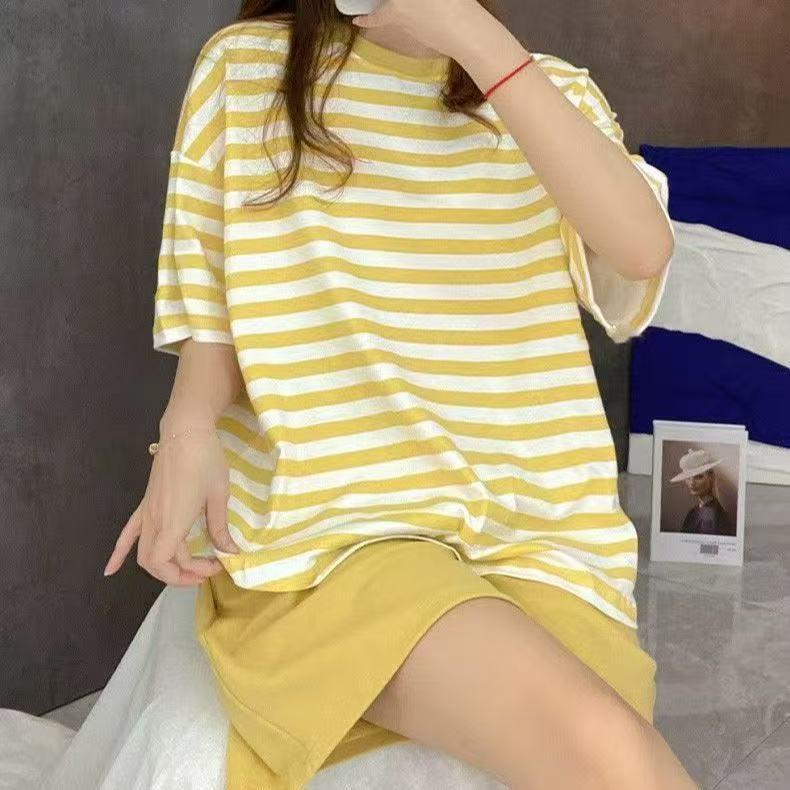 Dames Zomer 2025 Gestreept Pyjamaset met Borstkussentjes - Korte Mouw, Casual, Lichtgewicht