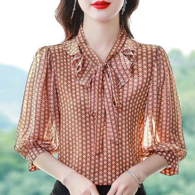 Floral Chiffon Shirt for Women's Summer New Fashion Age Reducing Lace Up Bow Top Loose 3/4 Sleeve Bottoming Blouse M-5XL