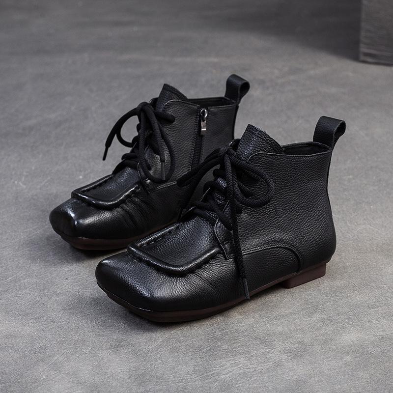 Johnature Kurze Stiefel aus echtem Leder im Retro-Stil mit bequemer, quadratischer Zehenpartie und Schnürung für Damen