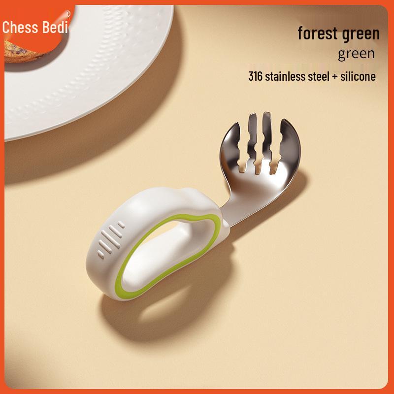 

Two-Color Silicone Spoon Fork Set for Children – 316 Stainless Steel Bent Head Baby Training Utensils.