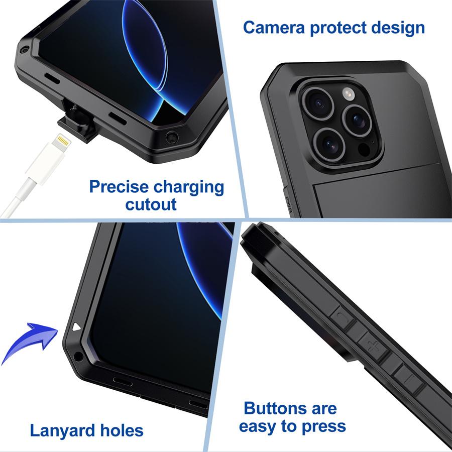 Für iPhone 16 Pro Max Hülle Silikon+Metall Handyhülle mit Displayschutz aus gehärtetem Glas