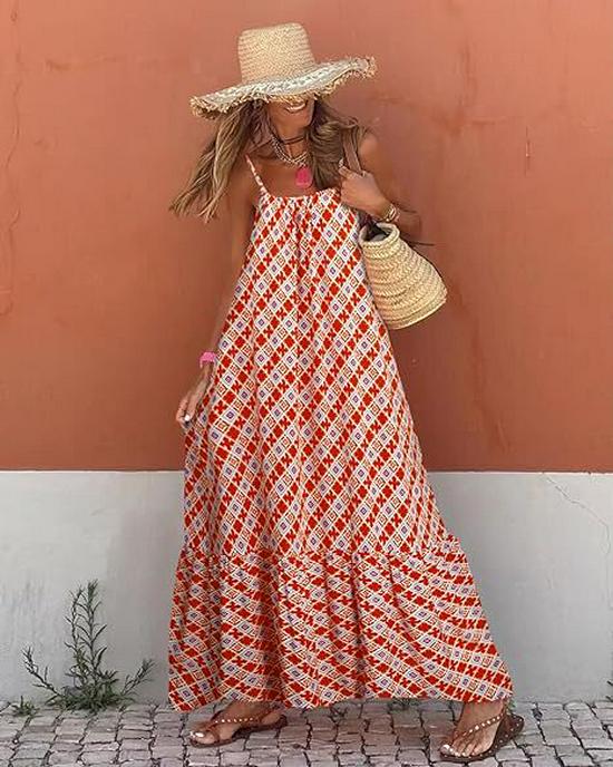 Bohemian Ruffle Edge Spaghetti Strap V-Neck Long Dress