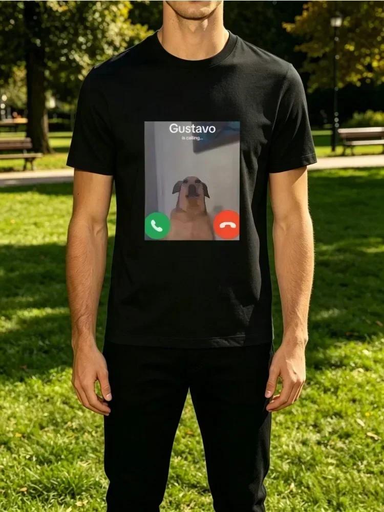 Mens Tee Gustavo Calling Dog Meme Call Screen Print Cotton Short Sleeve Male Summer Outdoor Str