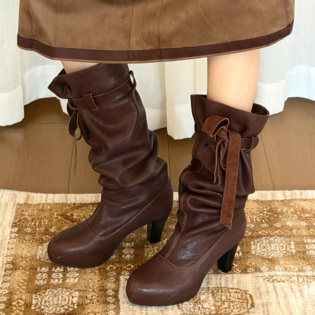 Pleated Bow Medium Boots Stacking Boots Retro Wind Strap Stacking Boots Waterproof Table High Heel Boots But Boots