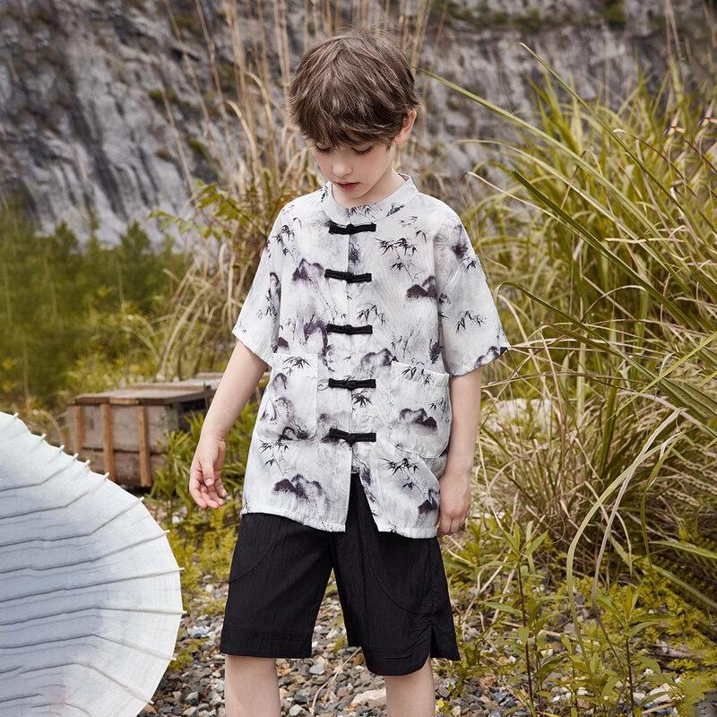 ABC KIDS Boys' Traditional Chinese Style Pankou Bamboo Leaf Print Summer Short Set