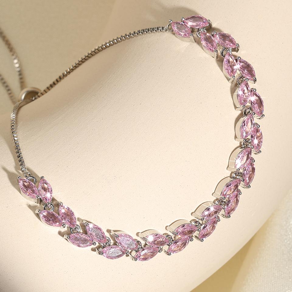ZAKOL Shiny Pink Marquise Leaf Zircon Adjustable Charm Bracelet for Women Exquisite Wedding Engagement Zircon New Colors
