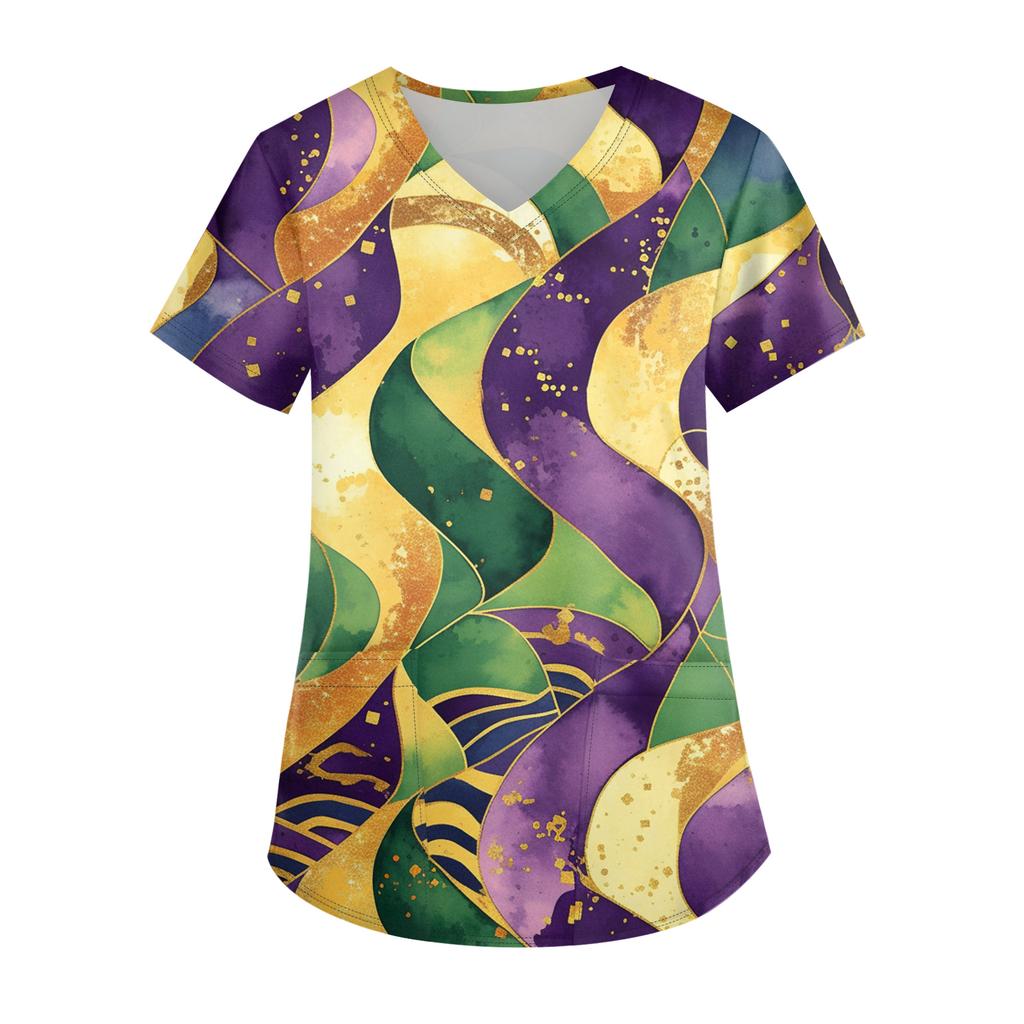 Ladies' Carnival Printed Fashion V-neck Pocket Short Sleeved Nurse's Wear And Worker's Top