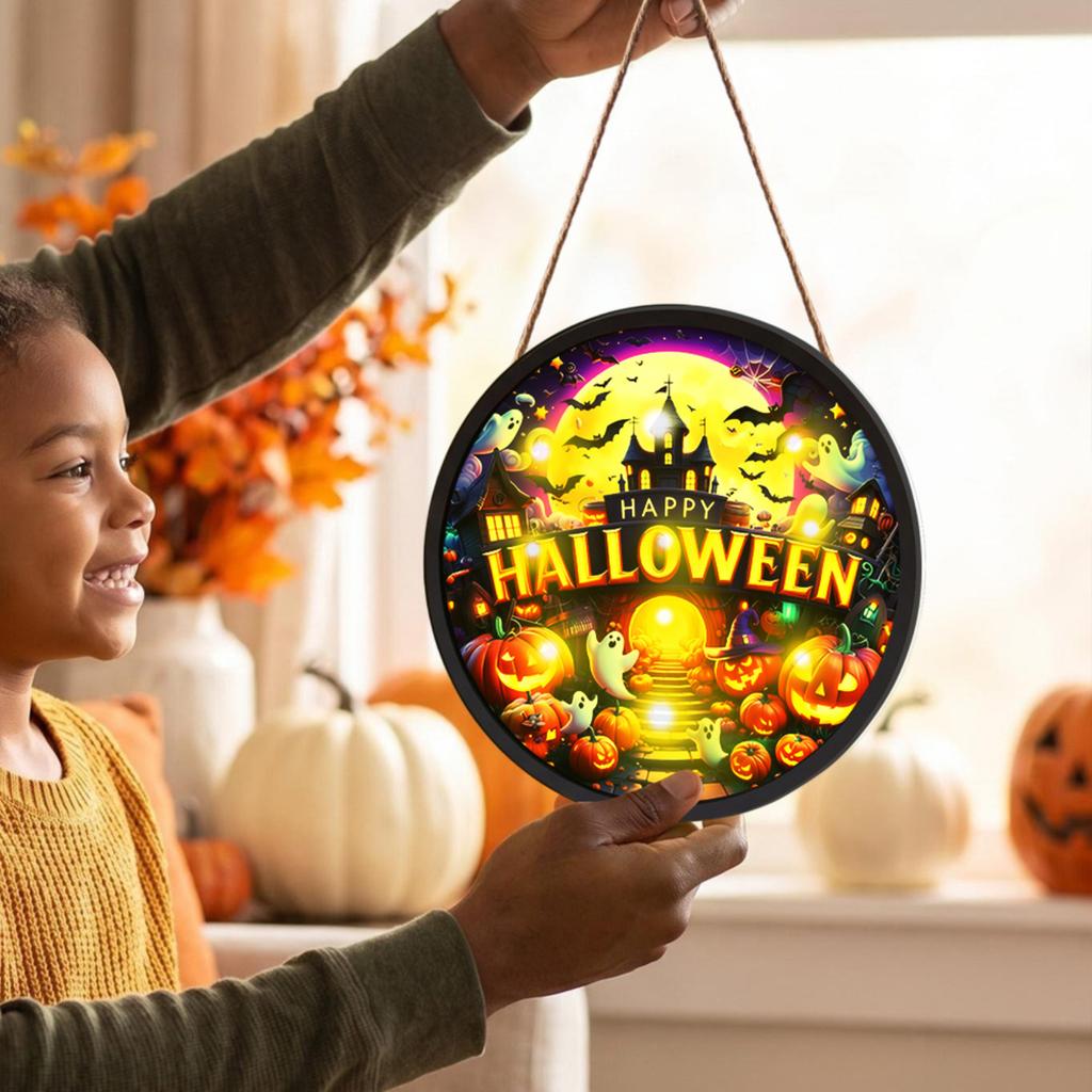 Halloween LED Light Up Hanging Sign for Home Decor (Batteries Not Included)