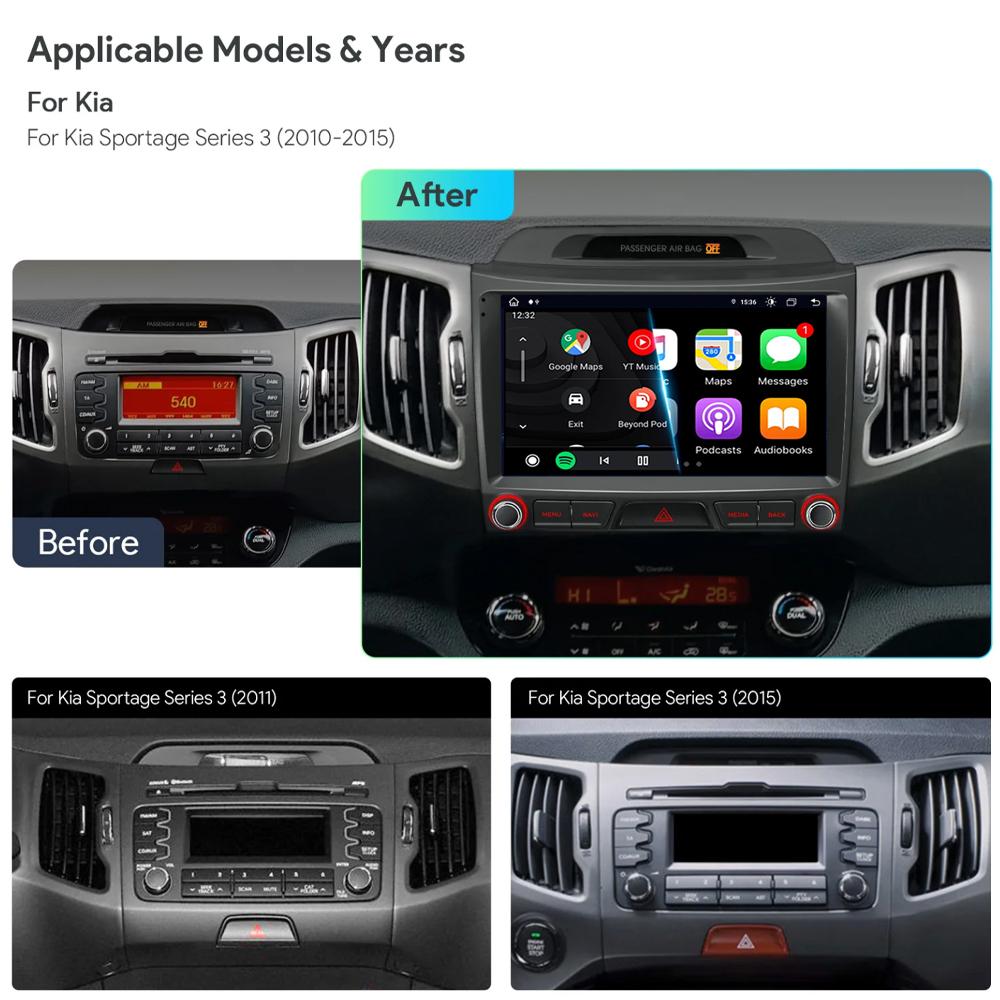 Android 14 For KIA Sportage 3 2010 - 2016 Car Multimedia Player GPS Navigation 9Inch QLED TouchScreen Wireless Carplay WIFI 4G