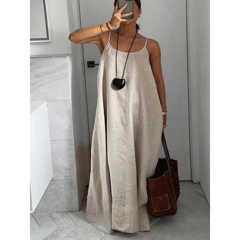 QICED Vestidos Casuales de Verano Primavera Color Sólido Estampado Sin Mangas Cuello en U