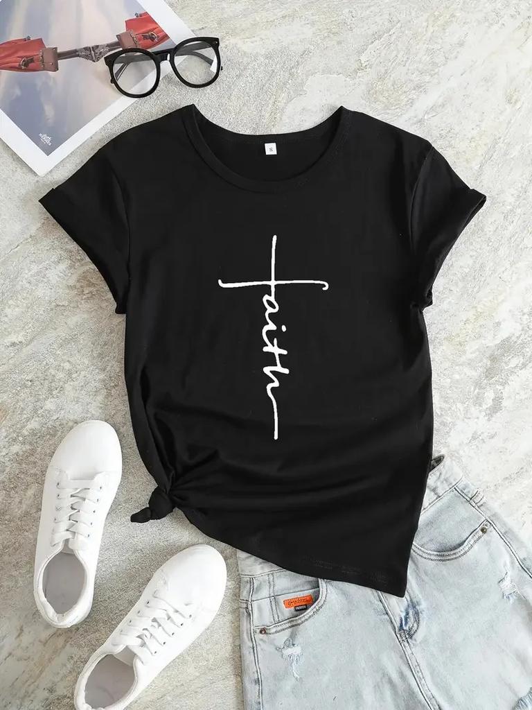 T-shirt Croce Fede Design Religioso Stampa Donne Abbigliamento Estetico Credente Devoto Top Base Bianca Manica Corta T-shirt Estiva