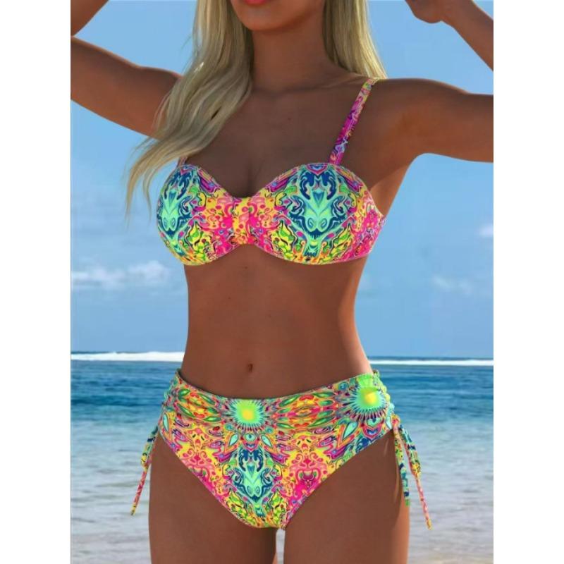 Nuovo Sexy Bikini Europeo e Americano Stampa Pizzo Allacciatura Scollo a V Costume da Bagno Donna