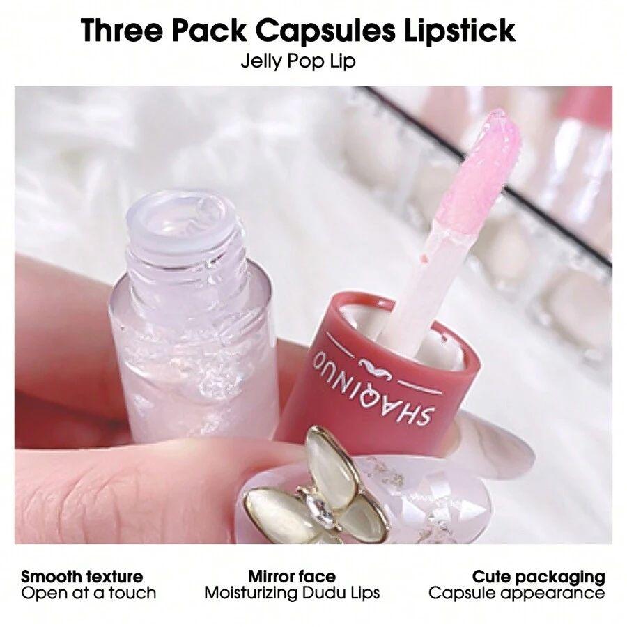 Water Gloss Lip Glaze Kit, 3-teilig, langanhaltende Feuchtigkeitscreme, Lippenbalsam, Lippenkonturenreparatur, Antihaft-Becher, Y2K-Lippenprimer-Set