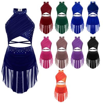 Kinder Mädchen Lyrical Dance Performance Kostüm Glitzerndes Strass Cutout Riemchen Rückenfreies Trikot Kleid Transparente Netzauflage Rollkragen Kleider
