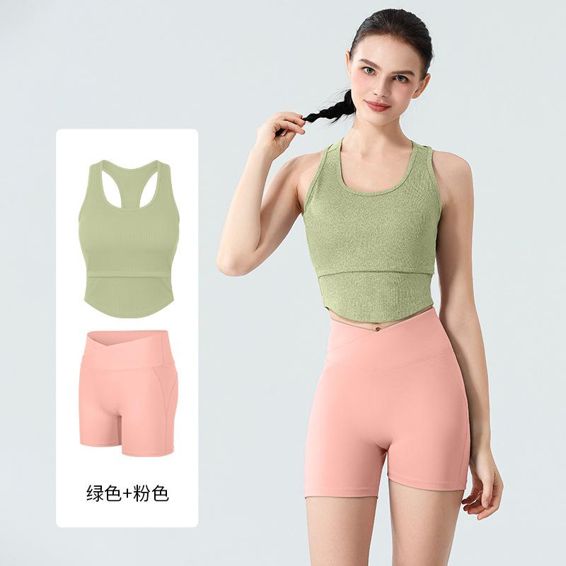 High elastic u-neck threaded yoga vest shorts fitness set summer, breathable and quick-drying badminton sportswear set women