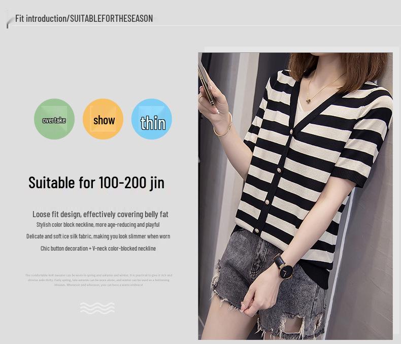 Plus Size Women's Summer Striped V-Neck Two-Piece Ice Silk Knit Top